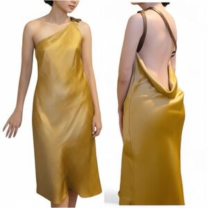 TUFI DUEK Gold One-Shoulder Open Back Cocktail Dress Size 10 Medium Brazil NWT